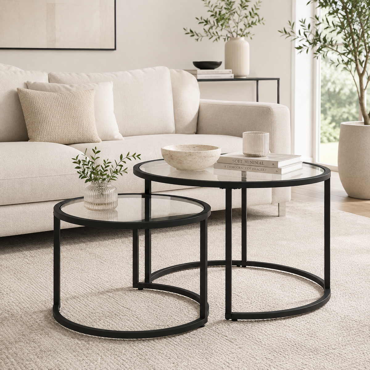 Table Basse Gigogne Ronde | Duo Verre & Métal Noir