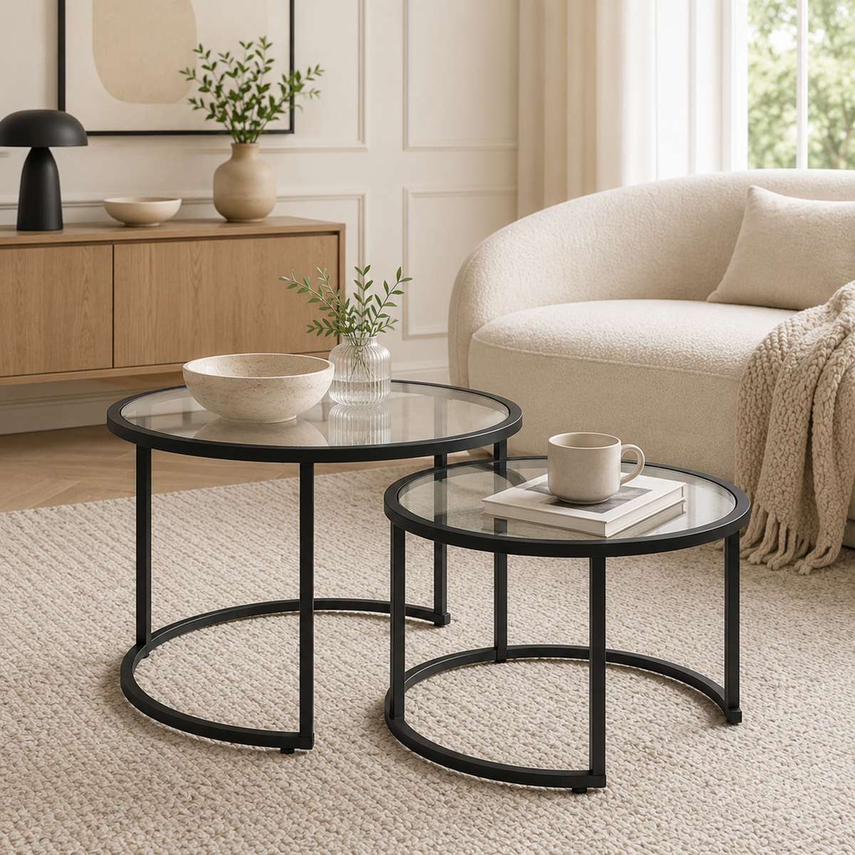 Table Basse Gigogne Ronde | Duo Verre & Métal Noir