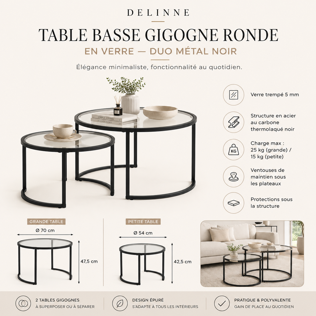 Table Basse Gigogne Ronde | Duo Verre & Métal Noir