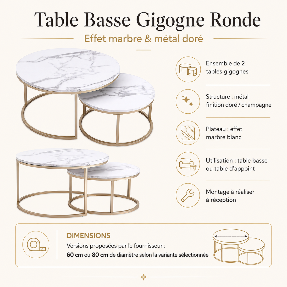 Table Basse Gigogne Ronde | Doré & Plateau au Choix