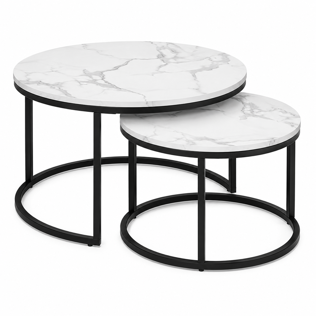 Table Basse Gigogne Ronde | Marbre Blanc & Métal Noir