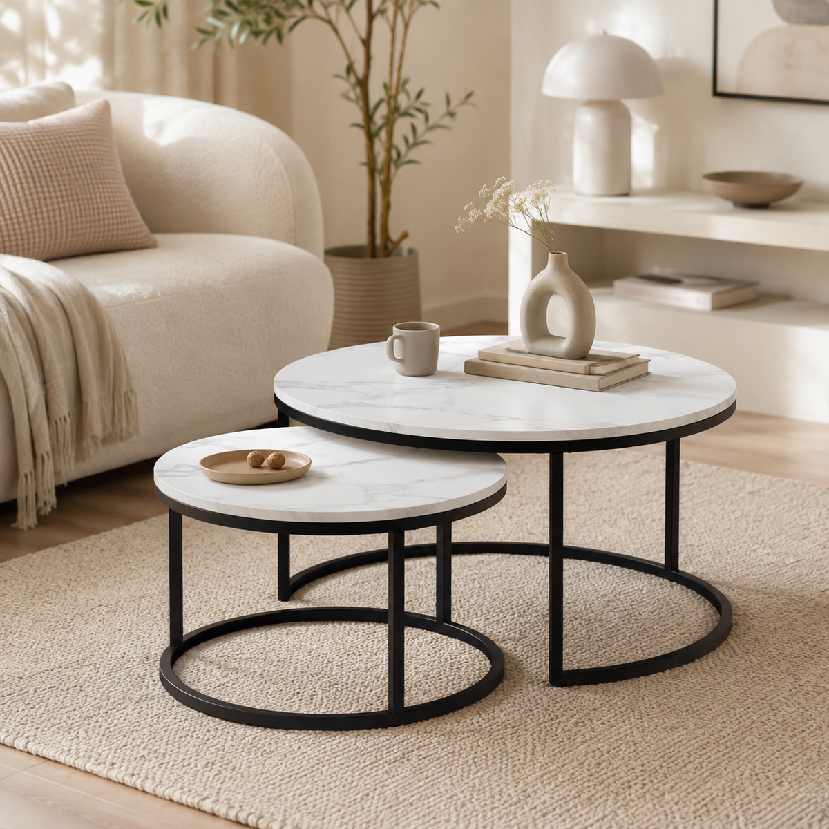 Table Basse Gigogne Ronde | Marbre Blanc & Métal Noir