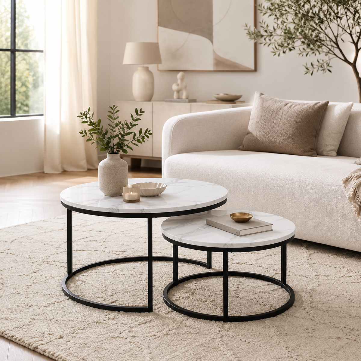 Table Basse Gigogne Ronde | Marbre Blanc & Métal Noir