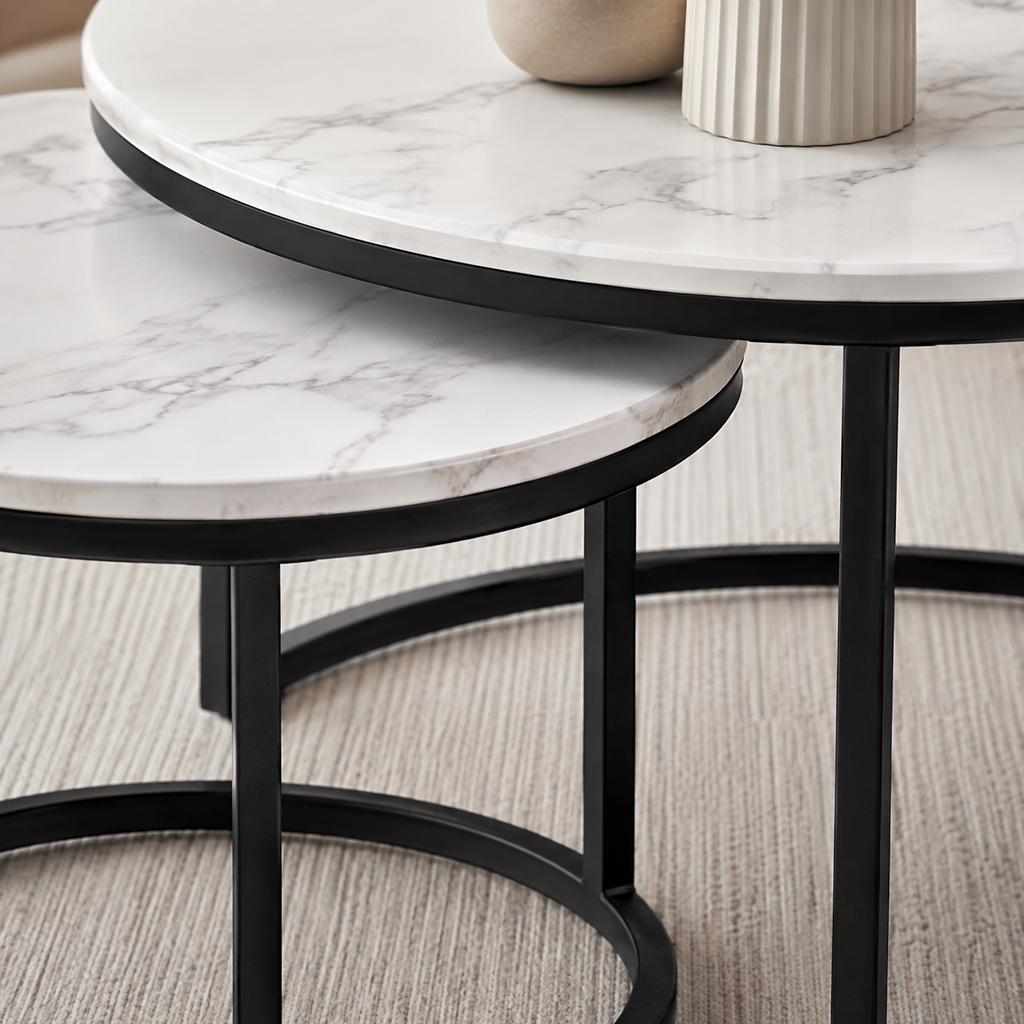 Table Basse Gigogne Ronde | Marbre Blanc & Métal Noir