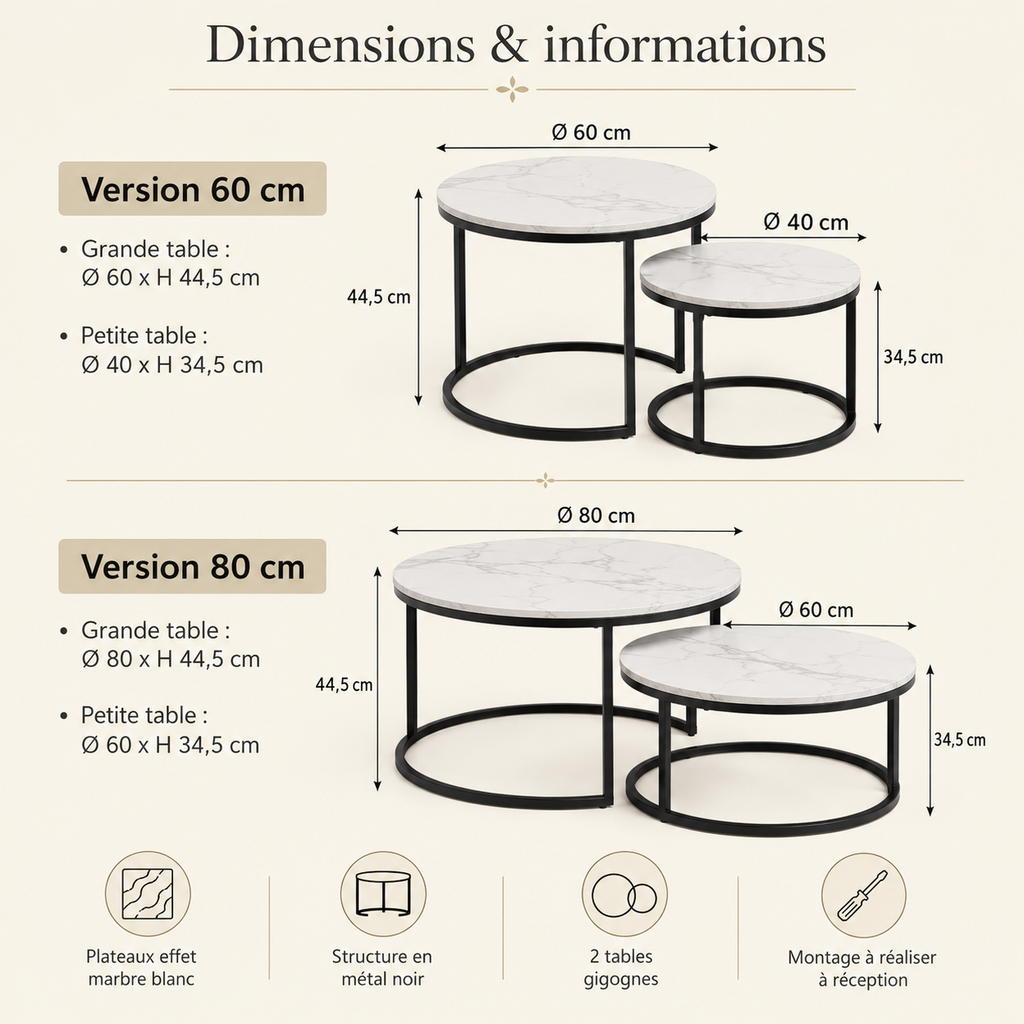 Table Basse Gigogne Ronde | Marbre Blanc & Métal Noir