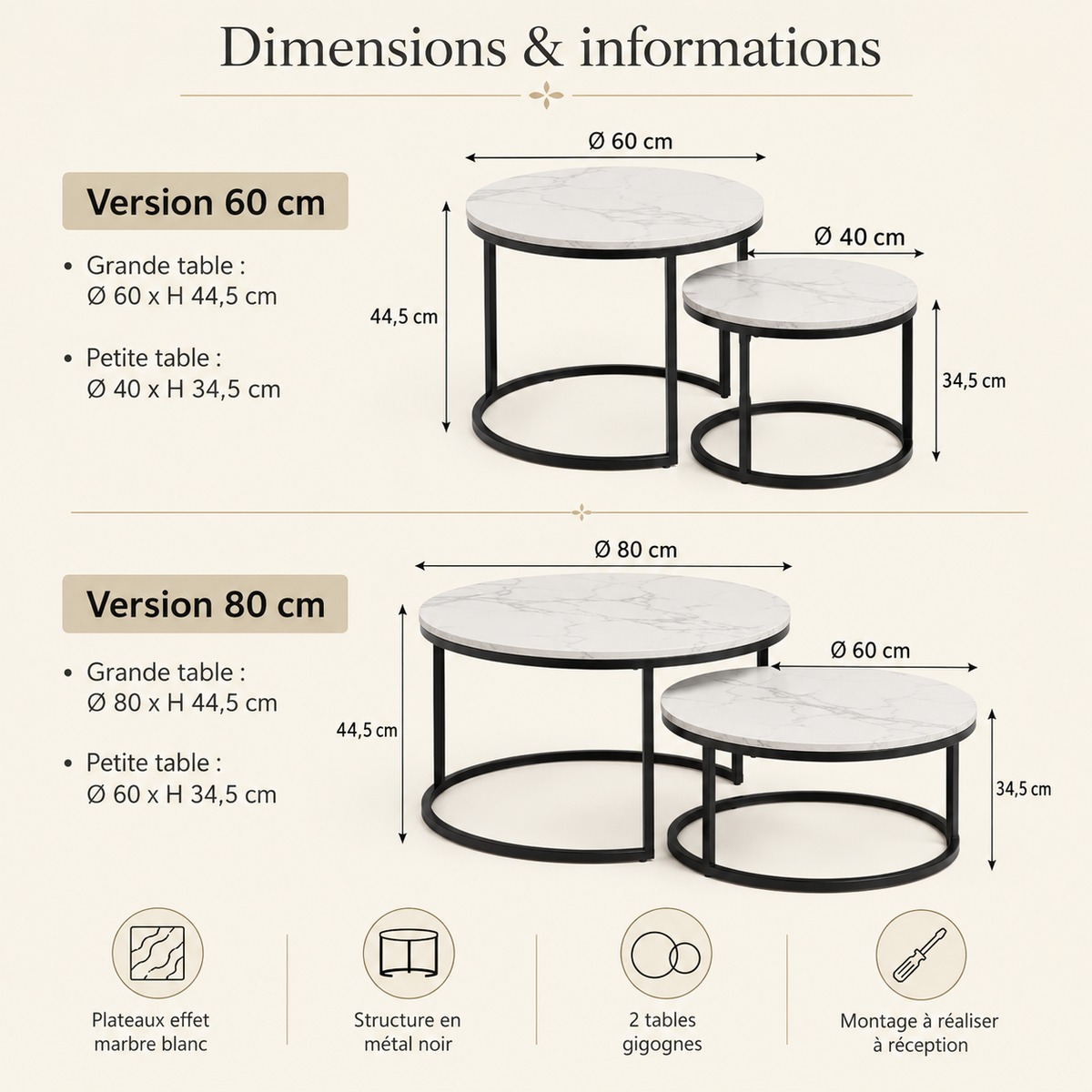 Table Basse Gigogne Ronde | Marbre Blanc & Métal Noir