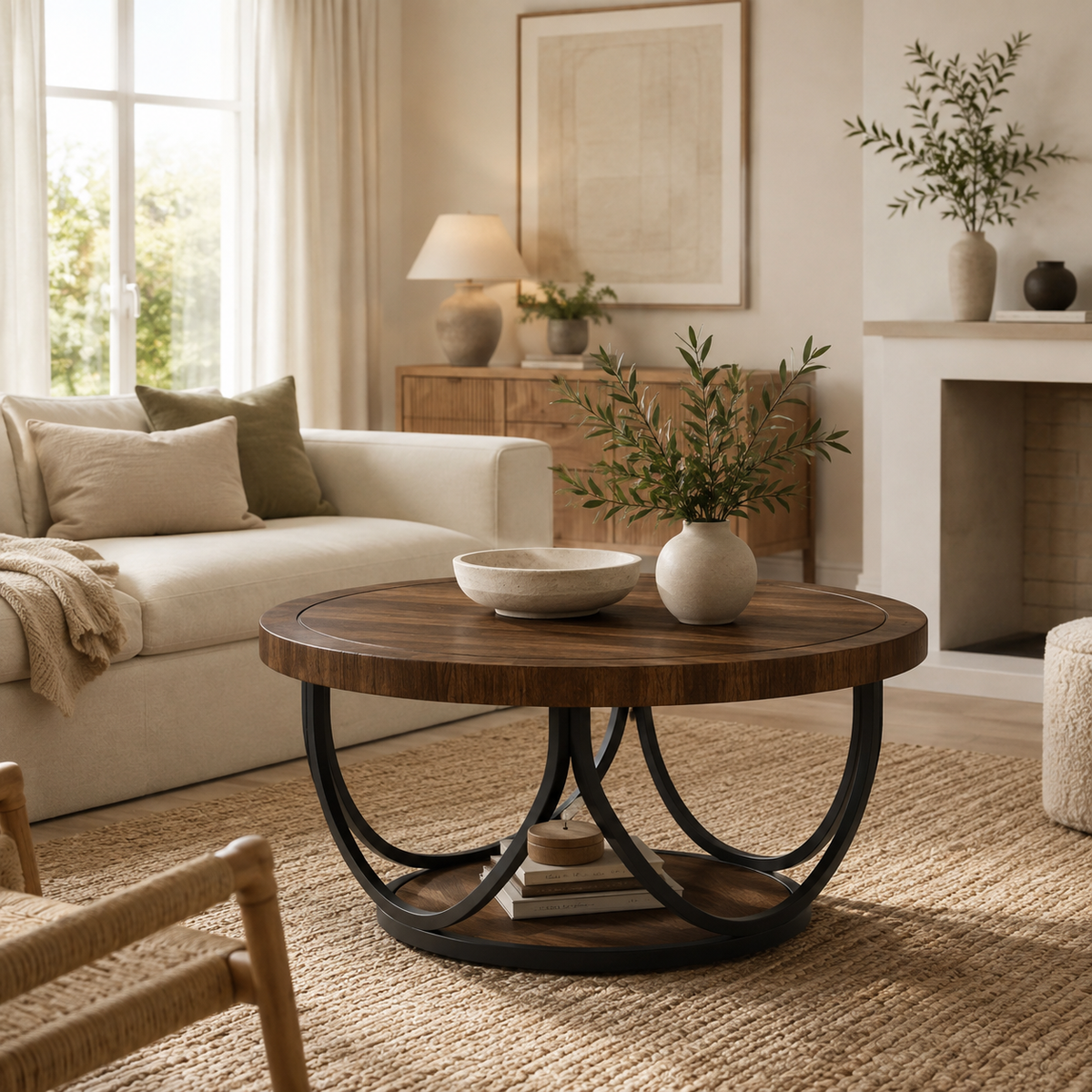 Table Basse Ronde | Double Niveau Noyer & Métal Noir