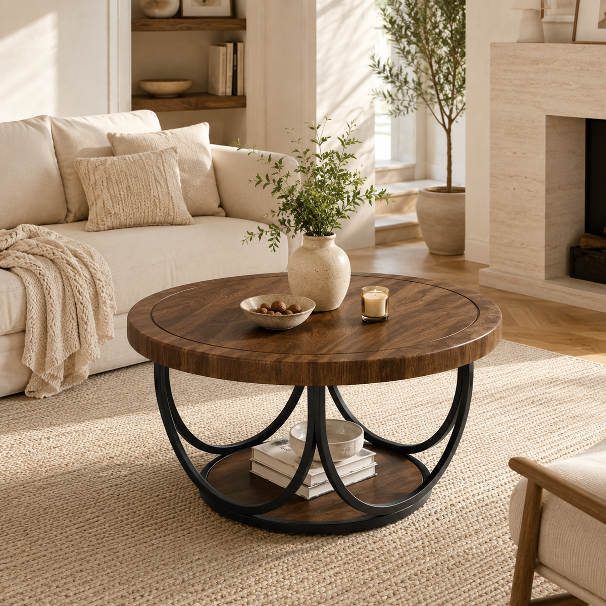 Table Basse Ronde | Double Niveau Noyer & Métal Noir