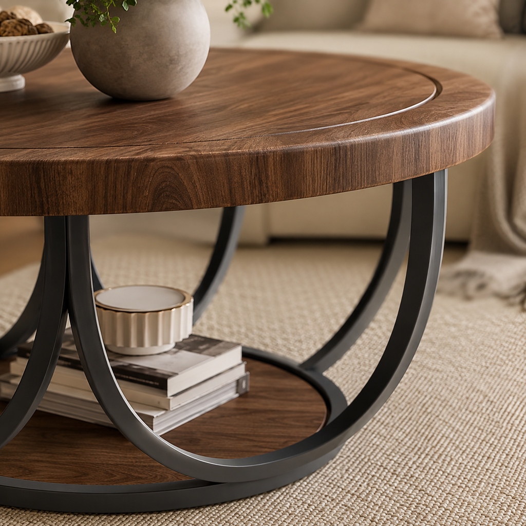 Table Basse Ronde | Double Niveau Noyer & Métal Noir