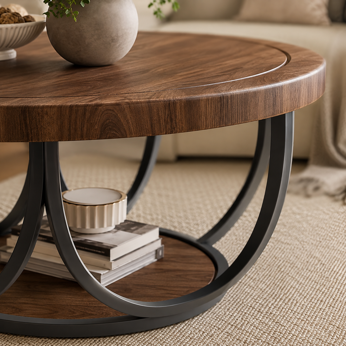 Table Basse Ronde | Double Niveau Noyer & Métal Noir