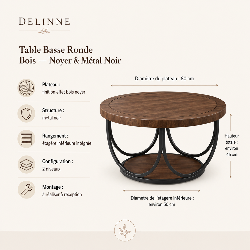 Table Basse Ronde | Double Niveau Noyer & Métal Noir
