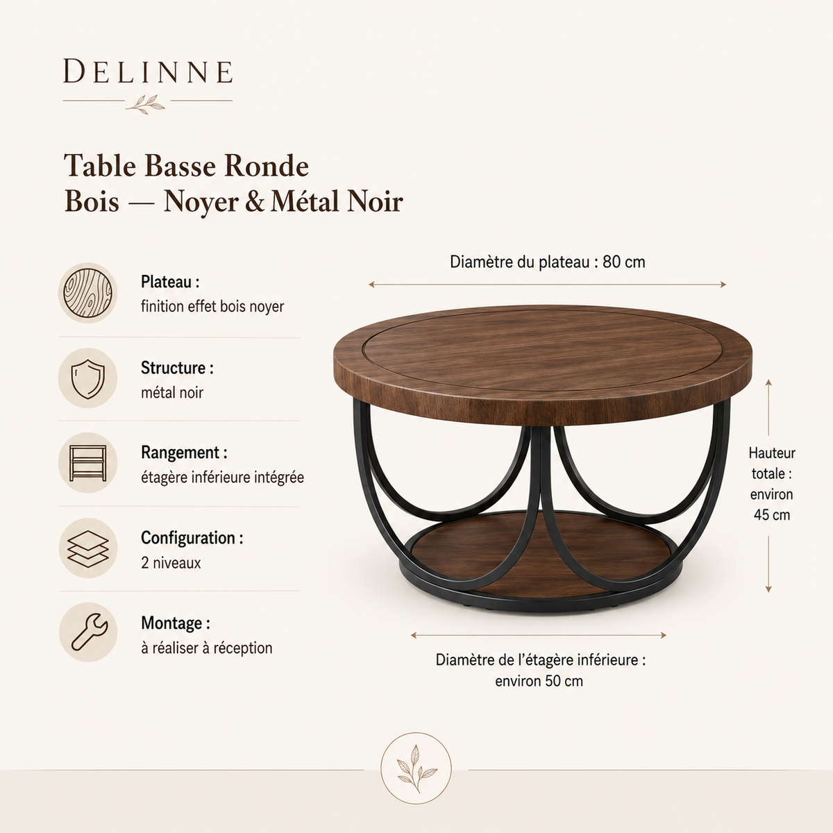 Table Basse Ronde | Double Niveau Noyer & Métal Noir