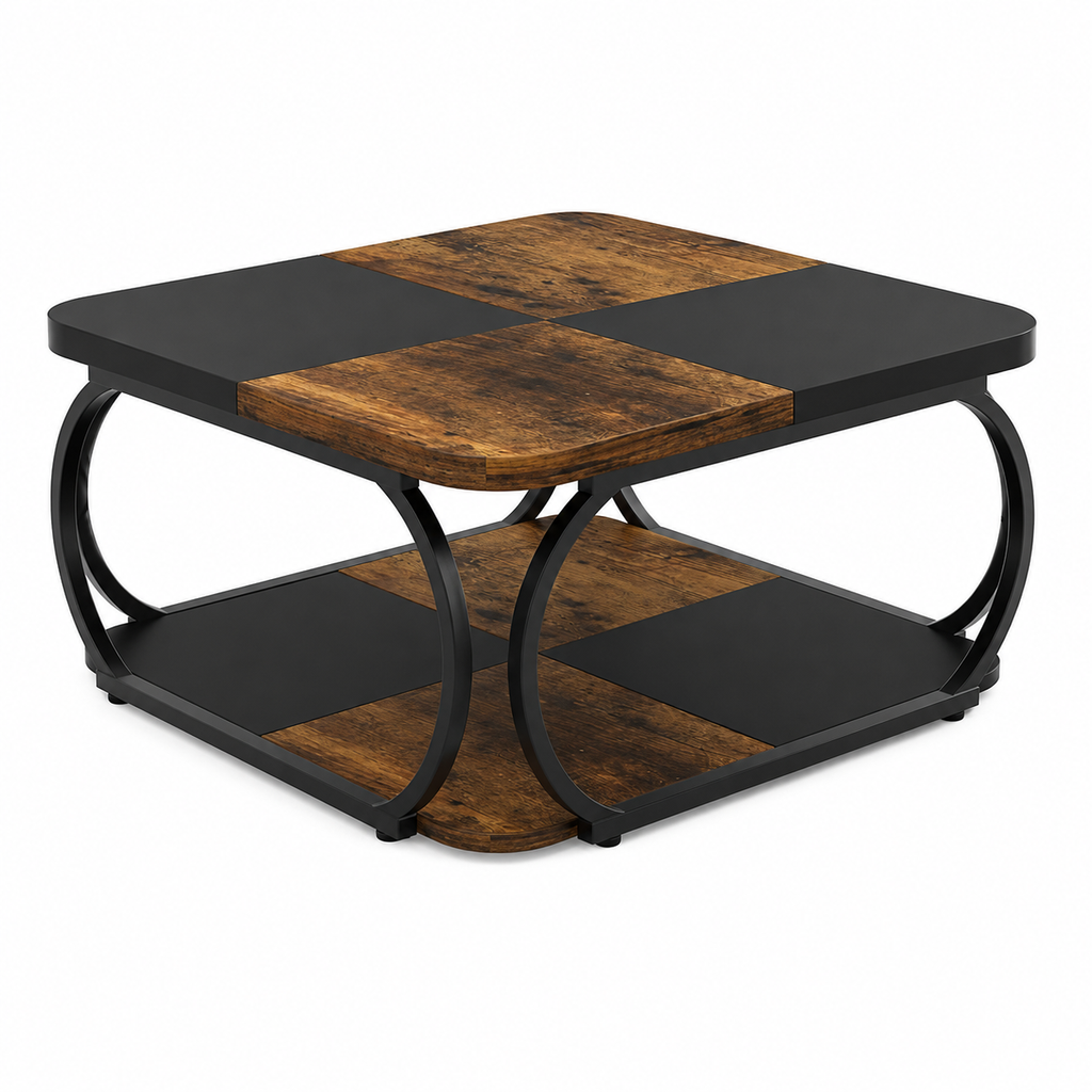 Table Basse Carrée | Double Niveau Bois & Métal Noir
