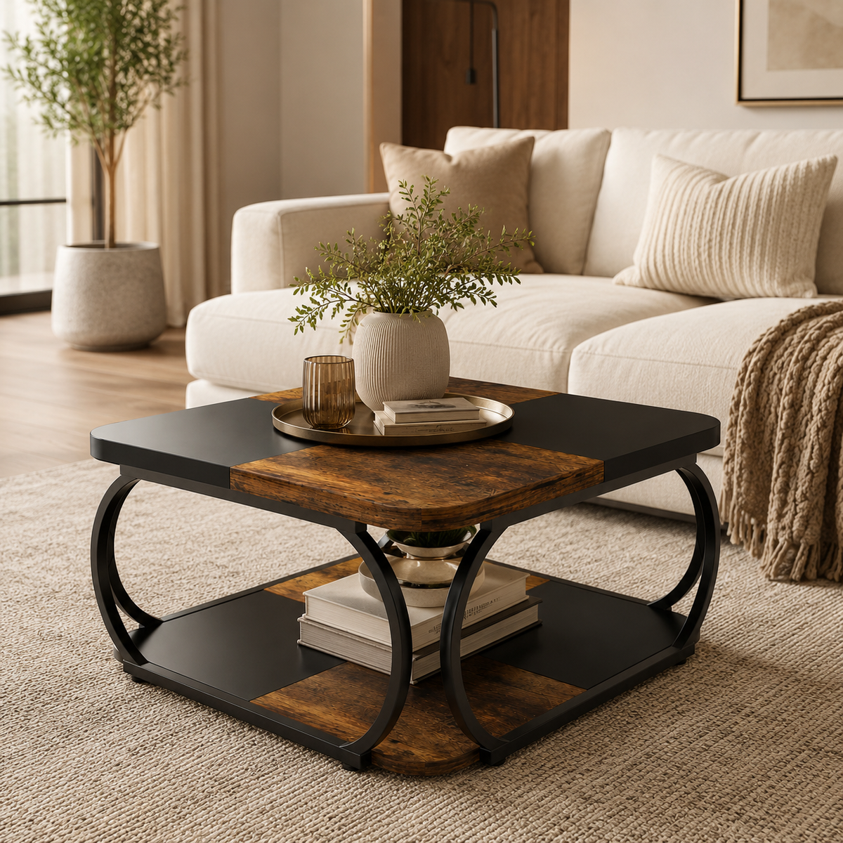 Table Basse Carrée | Double Niveau Bois & Métal Noir