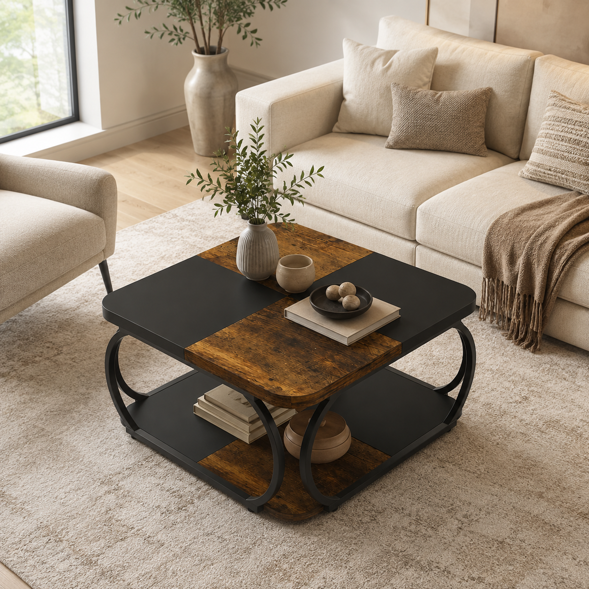 Table Basse Carrée | Double Niveau Bois & Métal Noir