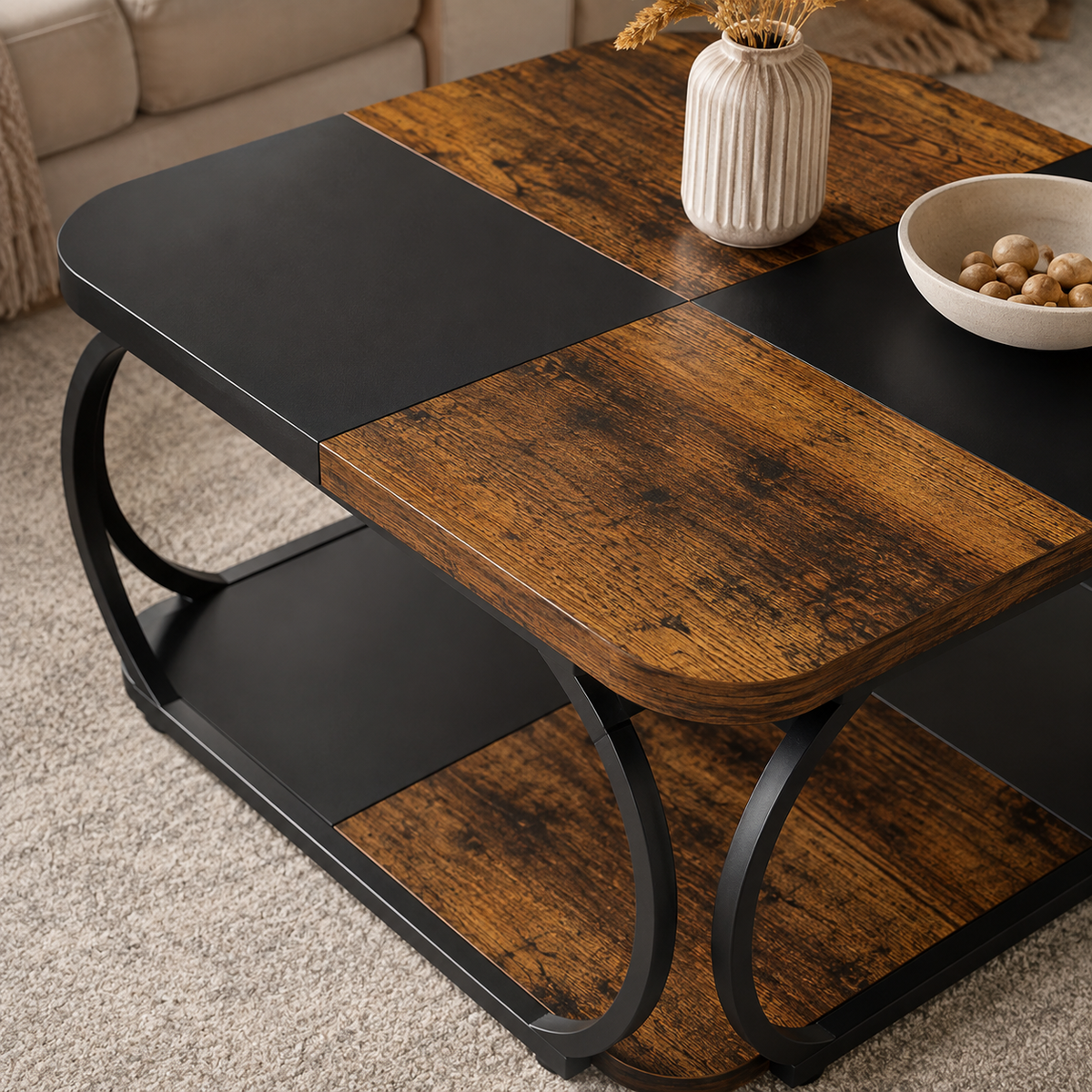 Table Basse Carrée | Double Niveau Bois & Métal Noir