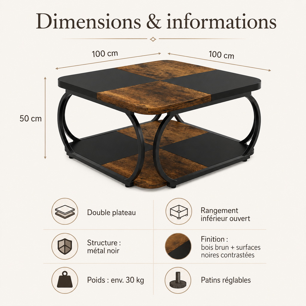 Table Basse Carrée | Double Niveau Bois & Métal Noir
