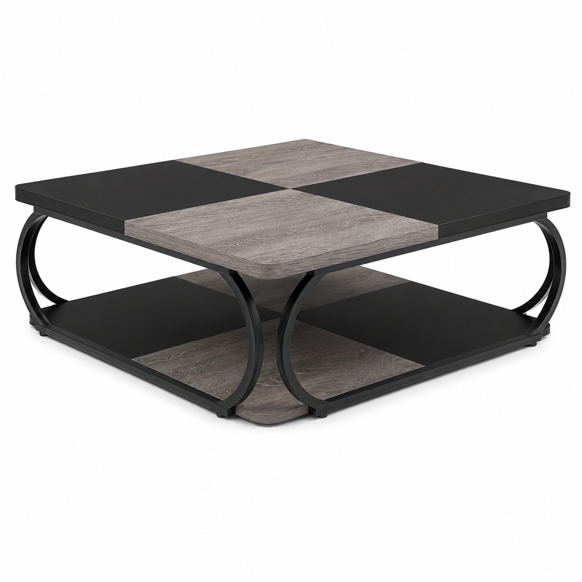 Table Basse Carrée | Double Niveau Bois & Métal Noir