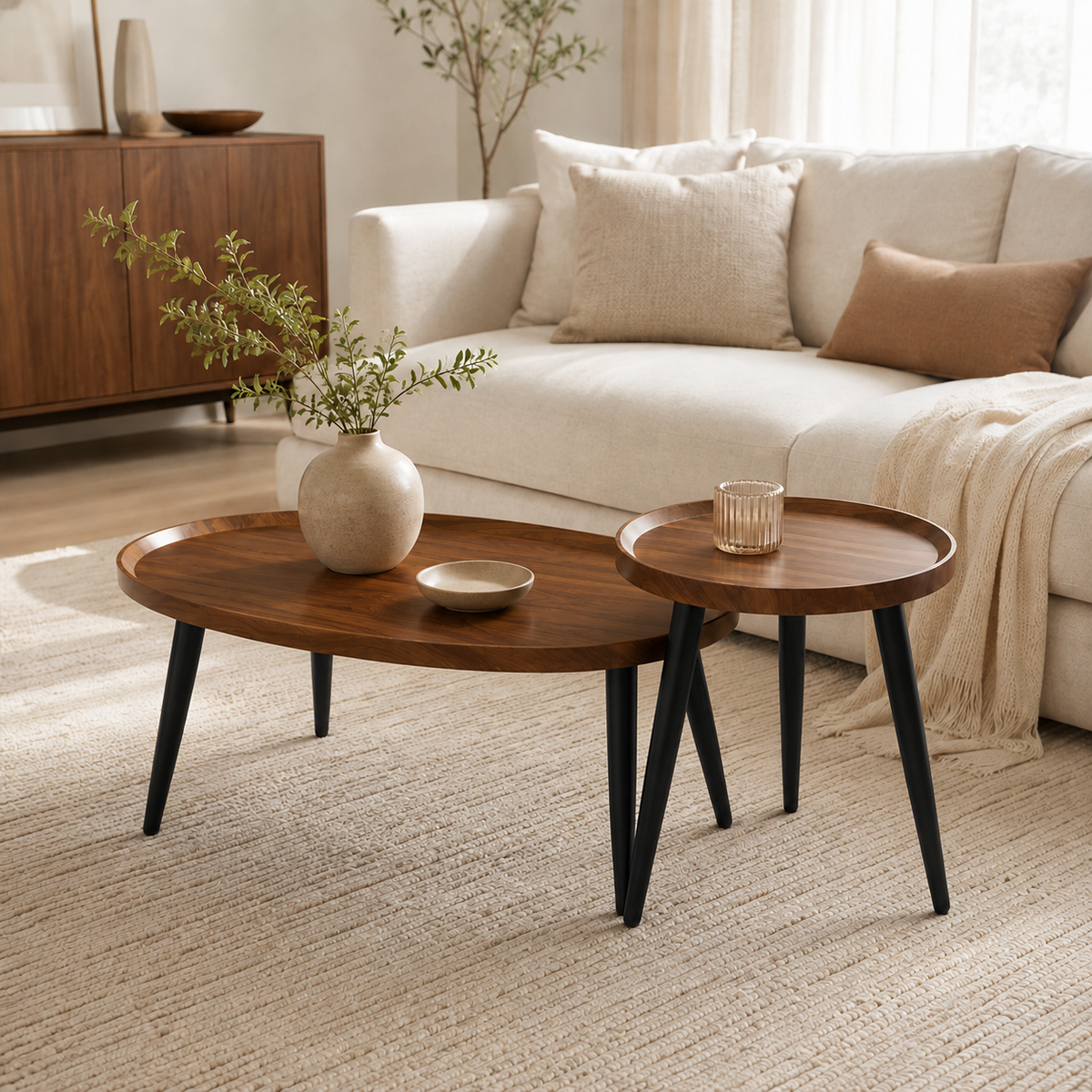 Table Basse Gigogne Ovale | Duo Noyer & Métal Noir