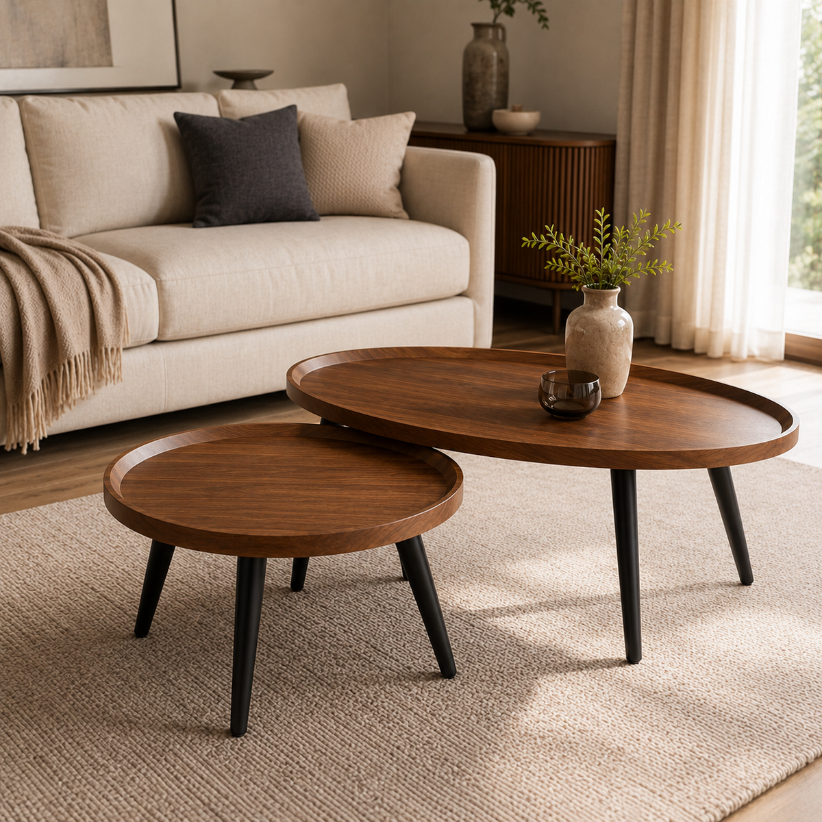 Table Basse Gigogne Ovale | Duo Noyer & Métal Noir