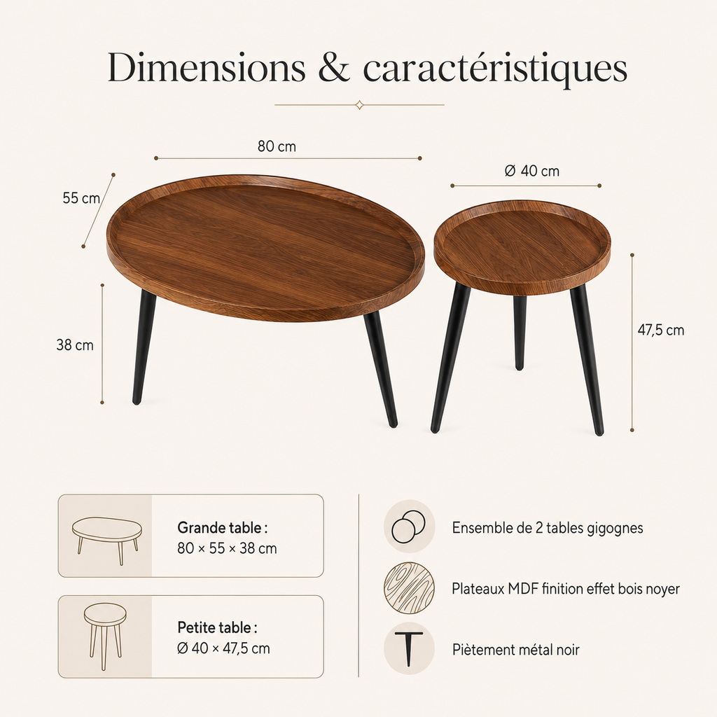Table Basse Gigogne Ovale | Duo Noyer & Métal Noir