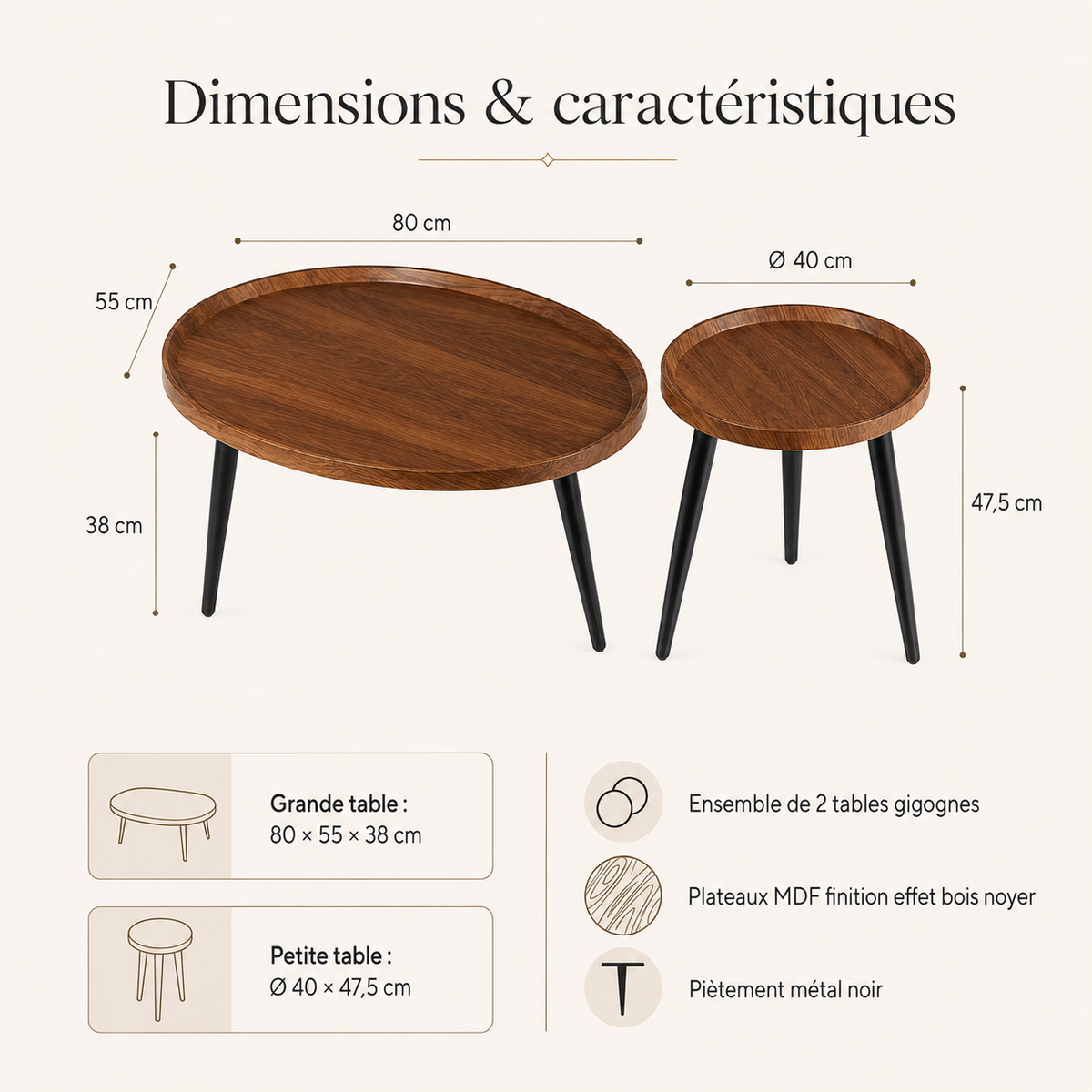 Table Basse Gigogne Ovale | Duo Noyer & Métal Noir